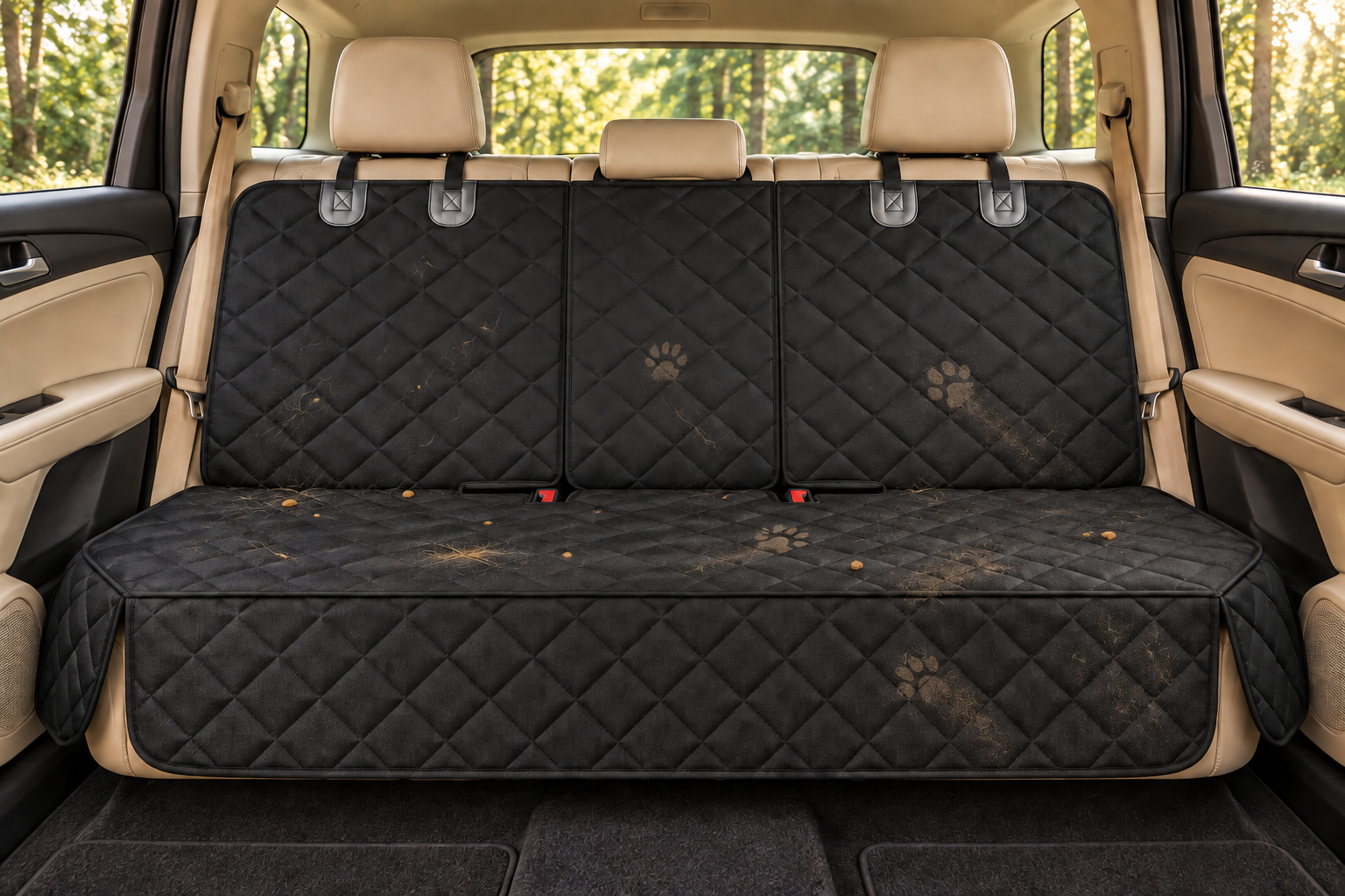 Illustration: the same rear seat with mess resting on the black PawRide cover