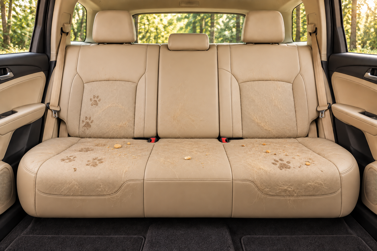 Illustration: beige rear seat without a cover, with fur, crumbs and muddy marks